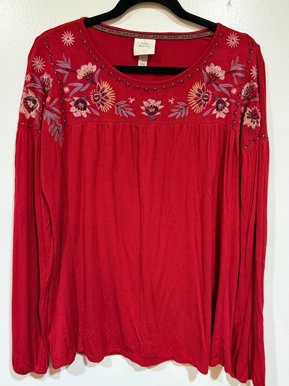 Knox Rose Size L Peasant Prairie Embroidered Red Floral Americana Feminine Fall